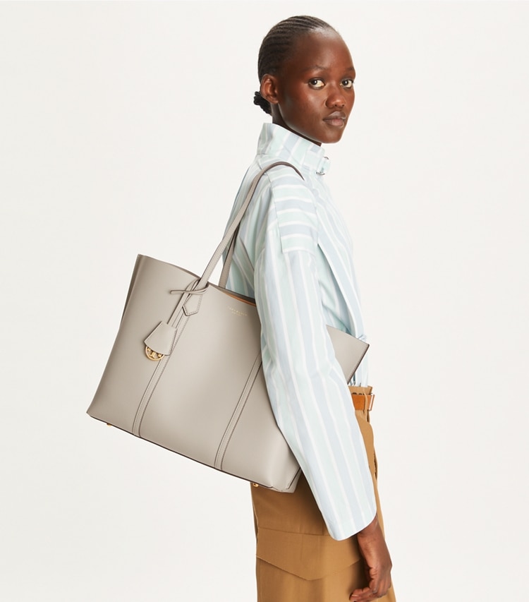 Tory Burch designer tote bags Perry Triple-Compartment Tote in Light Granite accessory on model