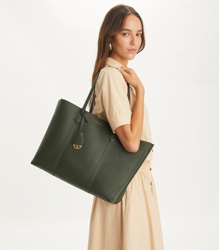 Tory Burch designer tote bags Perry Triple-Compartment Tote in Basil accessory on model