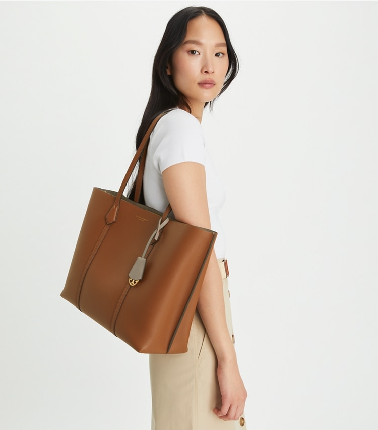 Tory Burch designer tote bags Perry Triple-Compartment Tote in Light Umber accessory on model