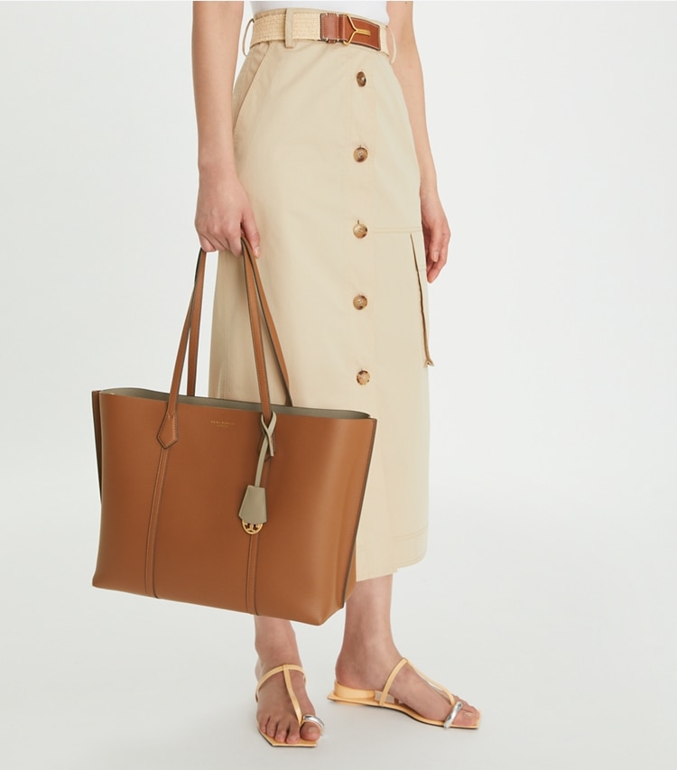 Tory Burch designer tote bags Perry Triple-Compartment Tote in Light Umber additional on model