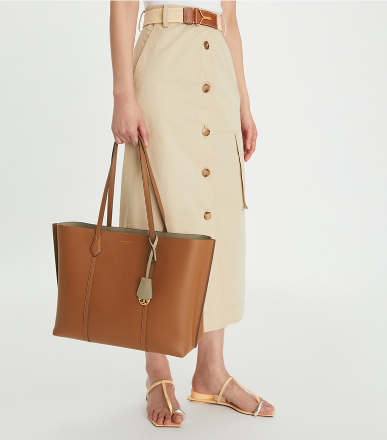 Tory Burch designer tote bags Perry Triple-Compartment Tote in Light Umber angle