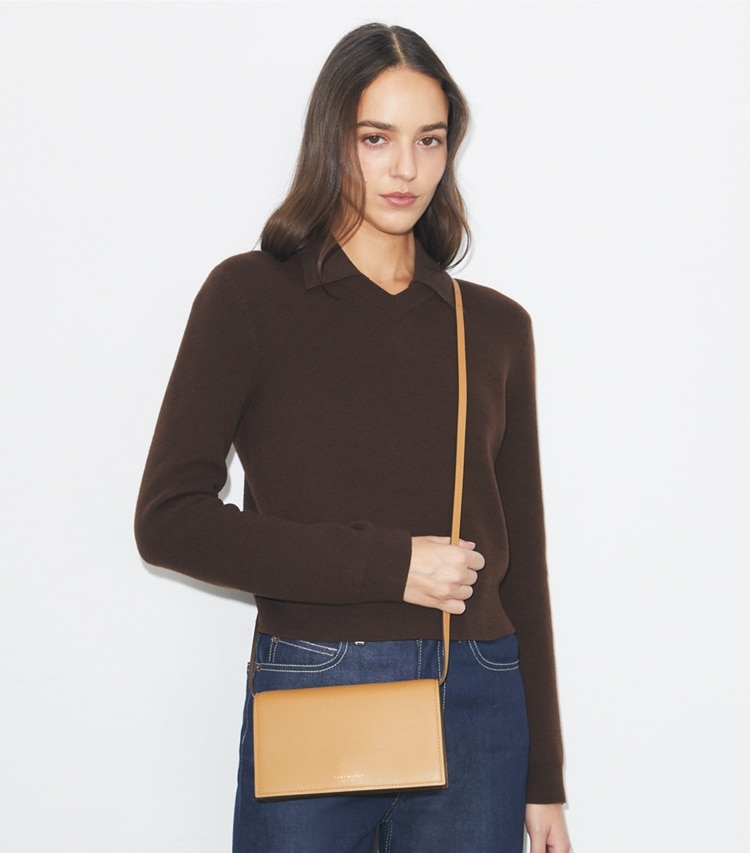 Tory Burch designer mini bags Perry Wallet Crossbody in Tiramisu accessory on model