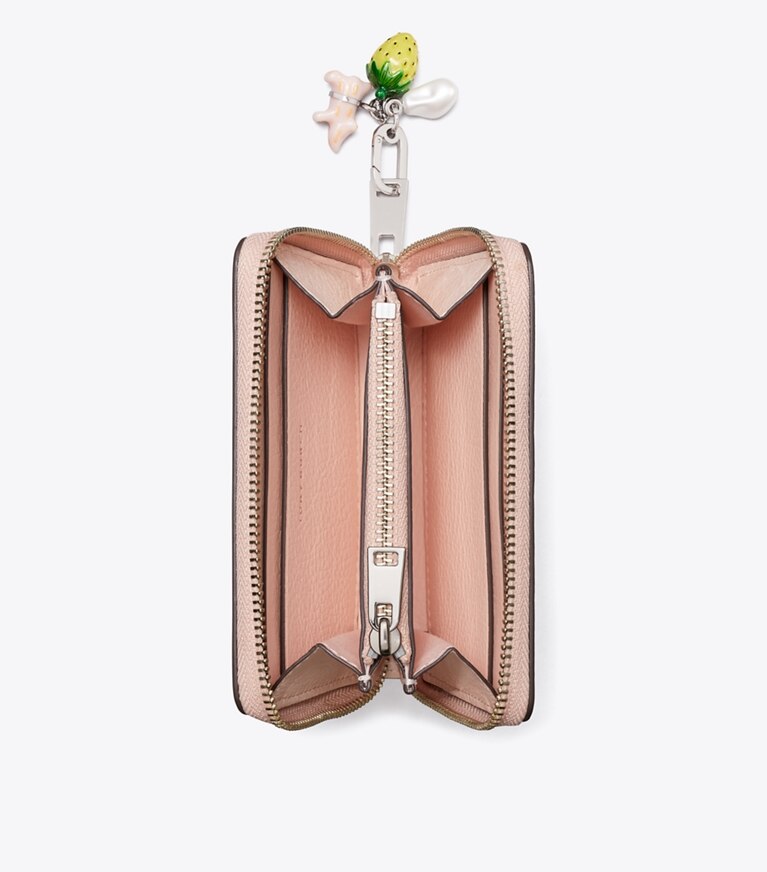 Tory Burch designer portefeuilles Petit portefeuille à glissière de contour matelassé Charlie dans Soft Pink / Charms vue du dessus