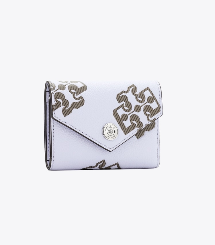Tory Burch designer portefeuilles Petit portefeuille enveloppe embossé contrasté dans Lilac / Khaki angle