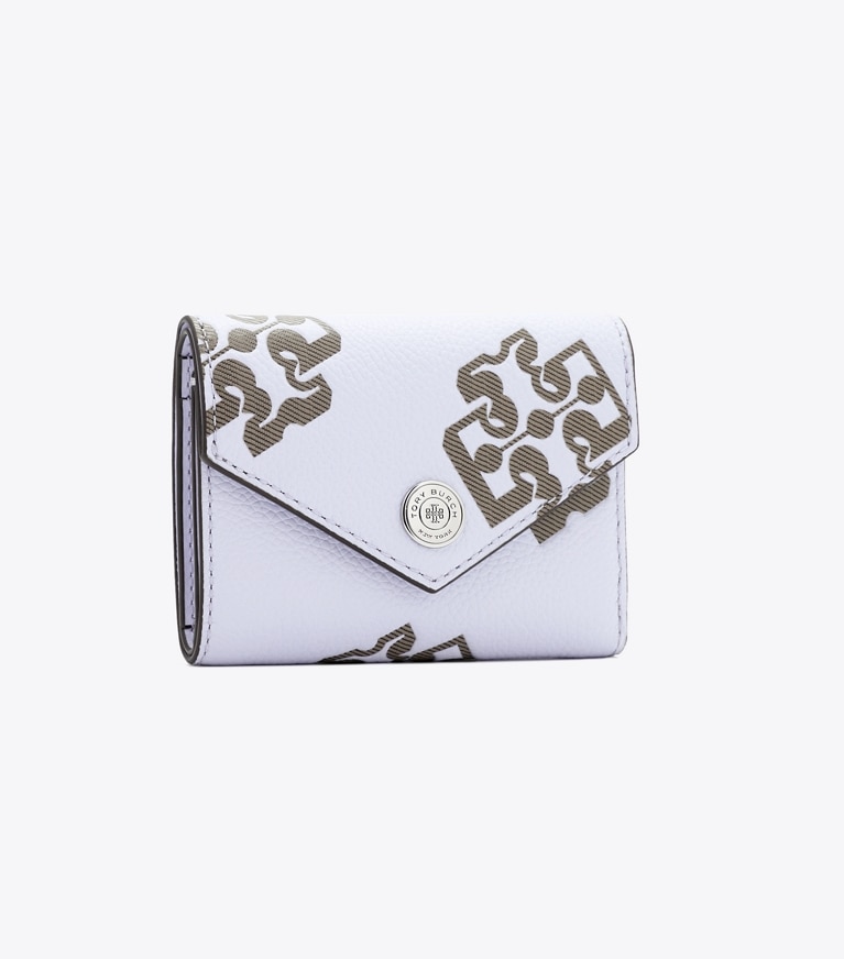Tory Burch designer portefeuilles Petit portefeuille enveloppe embossé contrasté dans Lilac / Khaki angle