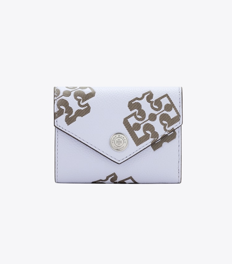 Tory Burch designer portefeuilles Petit portefeuille enveloppe embossé contrasté dans Lilac / Khaki de face