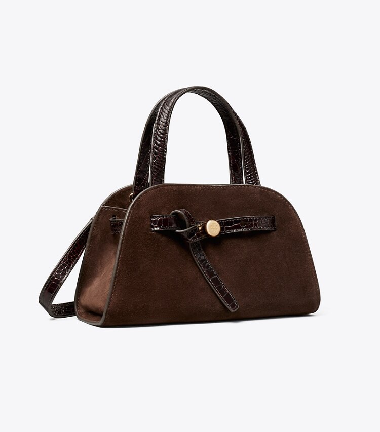 Tory Burch designer sacs à bandoulière Petit bauletto Romy en suède dans DARK COCOA angle