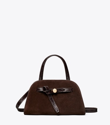 Tory Burch designer sacs à bandoulière Petit bauletto Romy en suède dans DARK COCOA de face