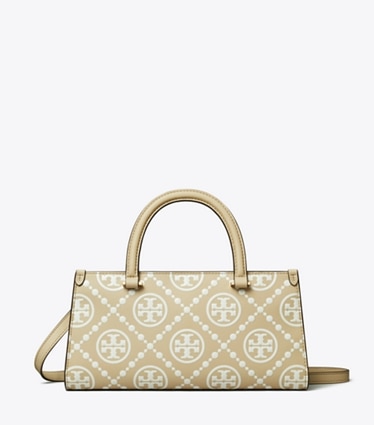 Tory Burch designer sac à main Petit cabas East-West T Monogram en cuir embossé contrastant in Beige front