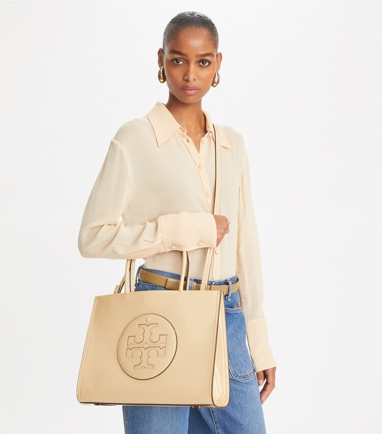 Tory Burch designer cabas Petit cabas Ella Bio verni in Vanilla Soft Serve additional on model