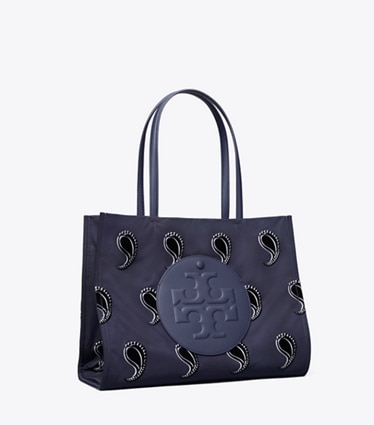 Tory Burch designer cabas Petit cabas Ella imprimé dans Medium Navy Pajama Print angle