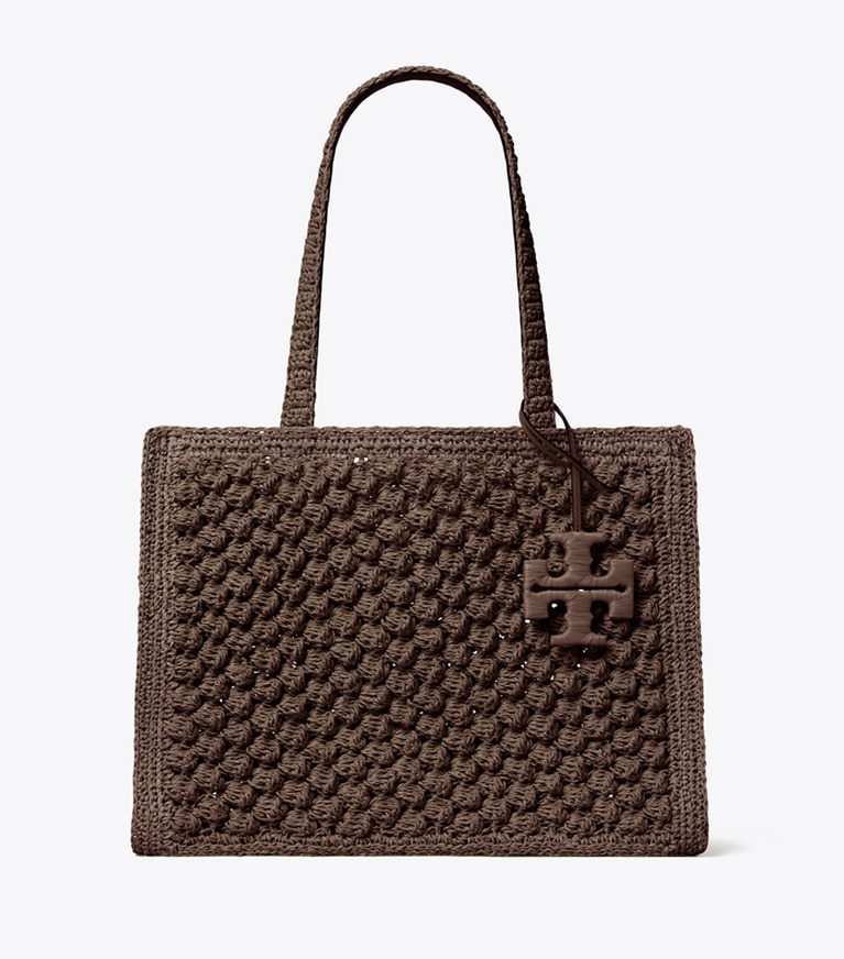 Tory Burch designer cabas Petit cabas Ella Popcorn crocheté à la main in Dark Cocoa front