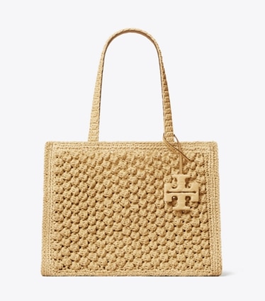 Tory Burch designer cabas Petit cabas Ella Popcorn crocheté  à la main in Natural front