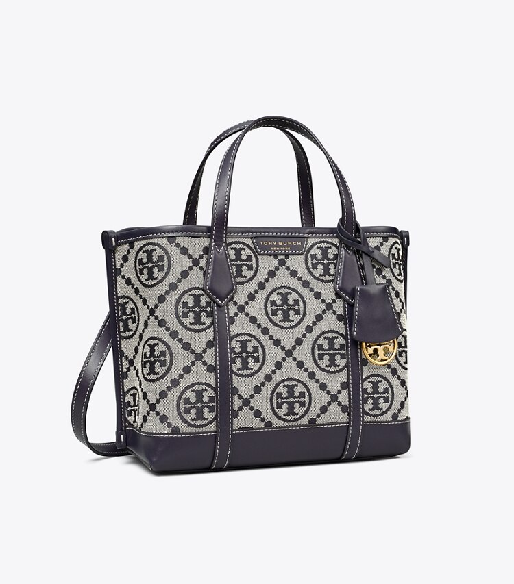 Tory Burch designer cabas Petit cabas Perry T Monogram à trois compartiments in Tory Navy angle