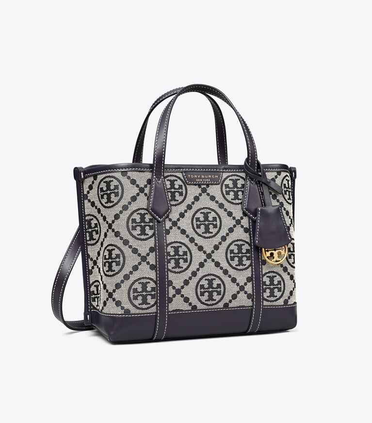 Tory Burch designer cabas Petit cabas Perry T Monogram à trois compartiments in Tory Navy angle