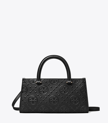 Tory Burch designer sac à main Petit cabas rectangulaire en cuir embossé T Monogram in Black front