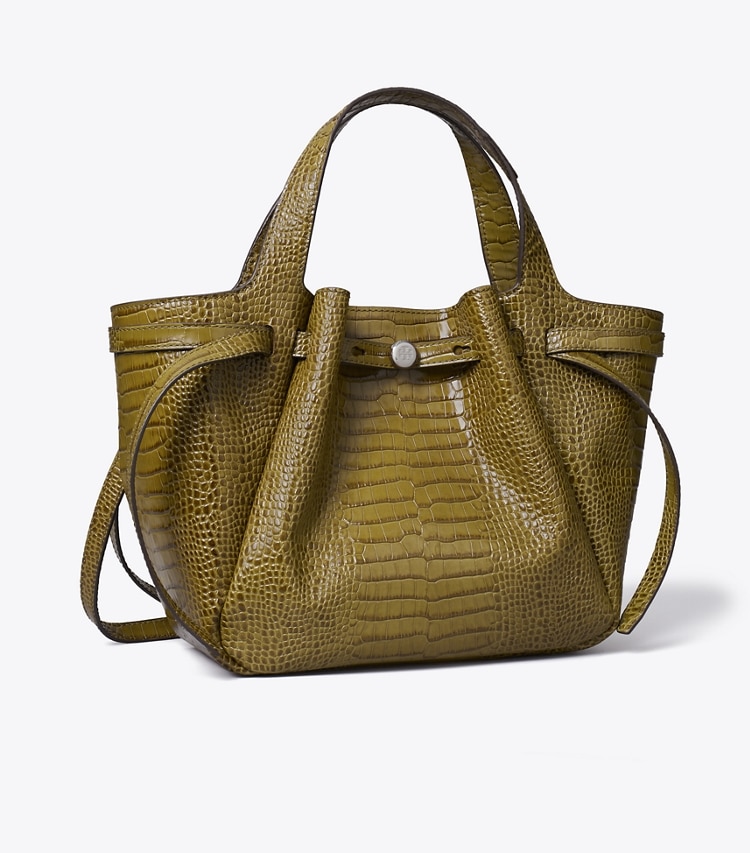Tory Burch designer sac à main Petit cabas Romy en cuir embossé effet croco in Shroom angle