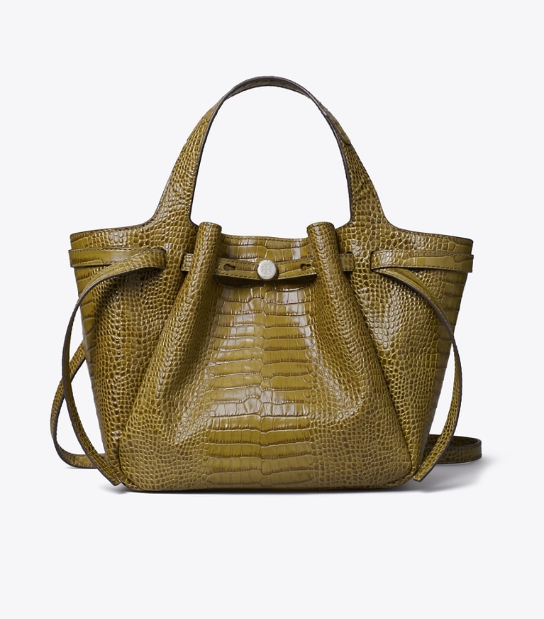 Tory Burch designer sac à main Petit cabas Romy en cuir embossé effet croco in Shroom angle