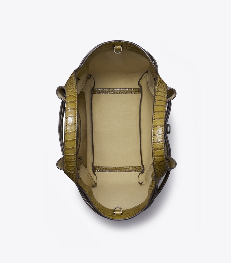 Tory Burch designer sac à main Petit cabas Romy en cuir embossé effet croco in Shroom angle