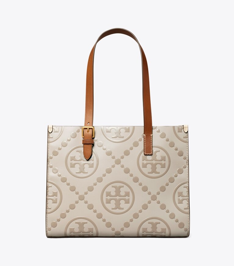 Tory Burch designer cabas Petit cabas T Monogram en cuir embossé contrastant in LONGAN / New Cream angle