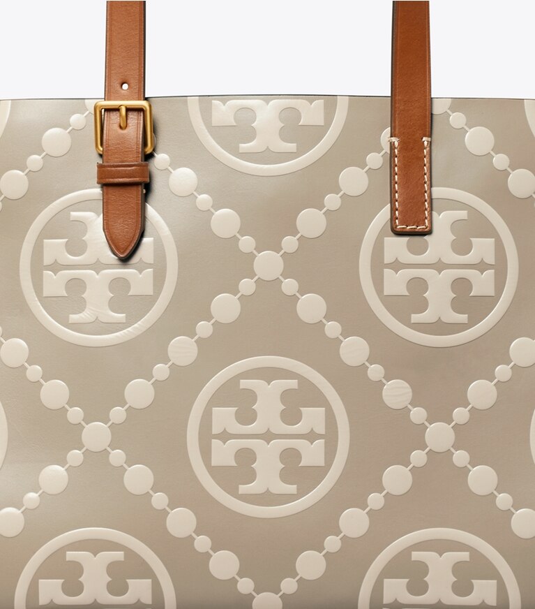 Tory Burch designer cabas Petit cabas T Monogram en cuir embossé contrastant in LONGAN / New Cream angle