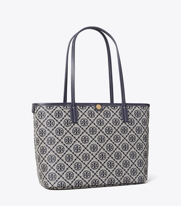 Tory Burch designer cabas Petit cabas zippé T Monogram in TORY NAVY angle