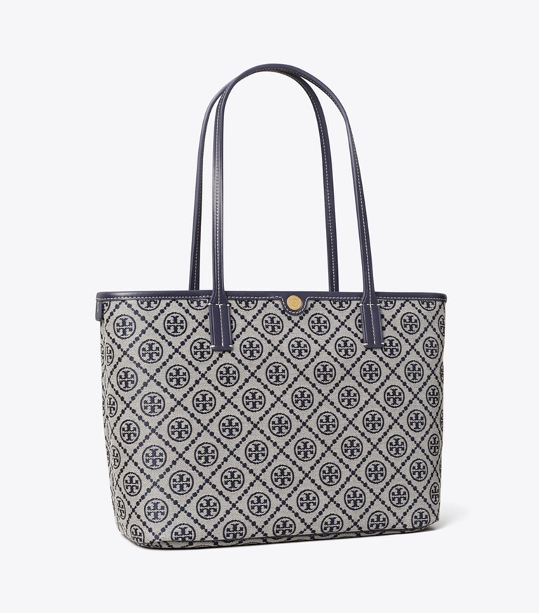 Tory Burch designer cabas Petit cabas zippé T Monogram in TORY NAVY angle