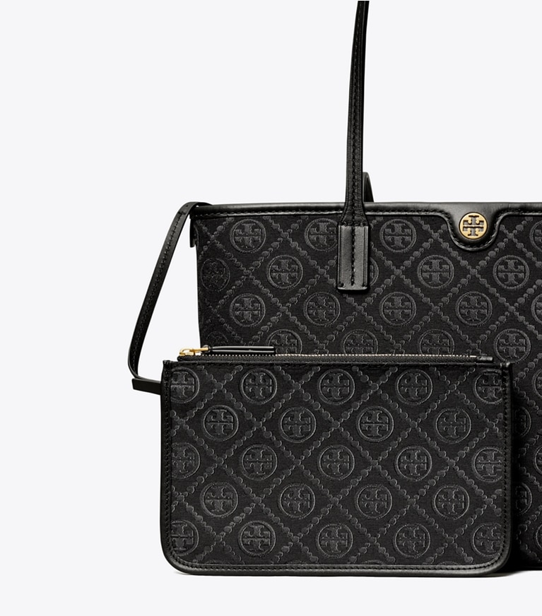 Tory Burch designer cabas Petit cabas zippé T Monogram in Black angle