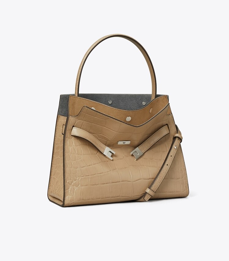 Tory Burch designer sac à main Petit double sac Lee Radziwill en cuir embossé in Light Hickory angle