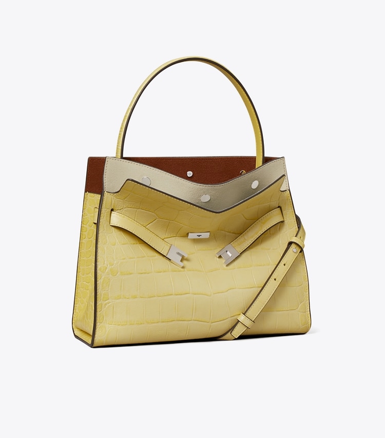 Tory Burch designer sac à main Petit double sac Lee Radziwill en cuir embossé in Yellow Sky angle