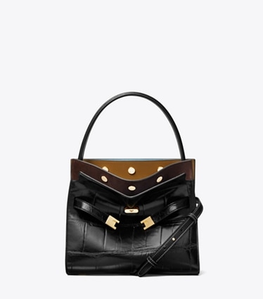 Tory Burch designer sac à main Petit double sac Lee Radziwill en cuir embossé effet croco in Black front