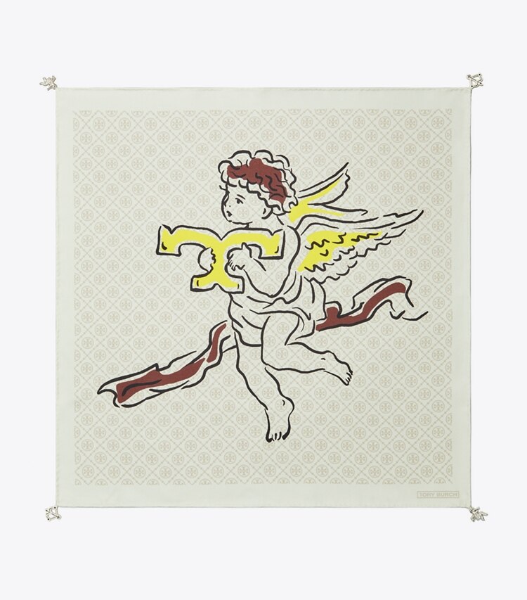 Tory Burch designer écharpes Petit foulard en soie T Monogram Cherub dans Beige Cherubs vue du dessus