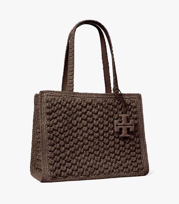 Tory Burch designer cabas Petit fourre-tout Ella en crochet popcorn fait main dans Dark Cocoa angle