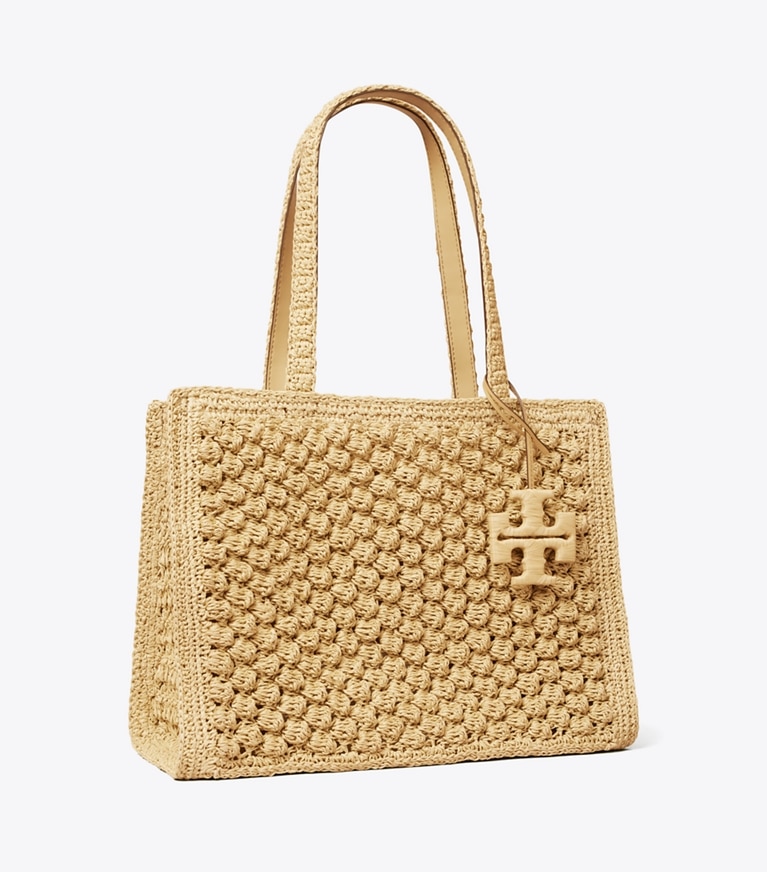 Tory Burch designer cabas Petit fourre-tout Ella en crochet popcorn fait main dans Natural angle