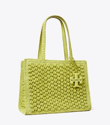 Tory Burch designer cabas Petit fourre-tout Ella en crochet popcorn fait main dans Citrus Green angle