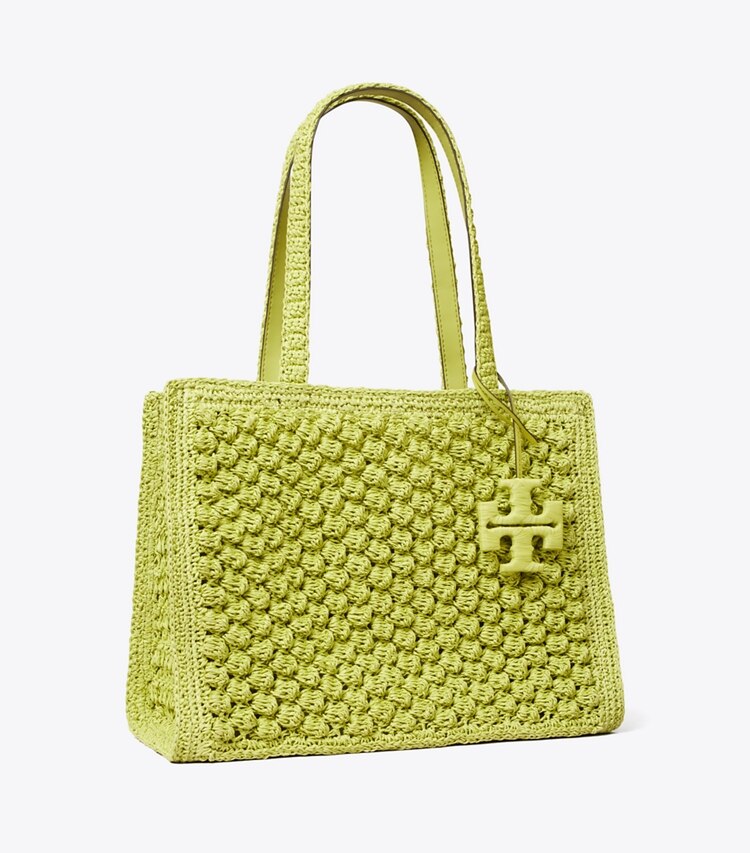Tory Burch designer cabas Petit fourre-tout Ella en crochet popcorn fait main dans Citrus Green angle