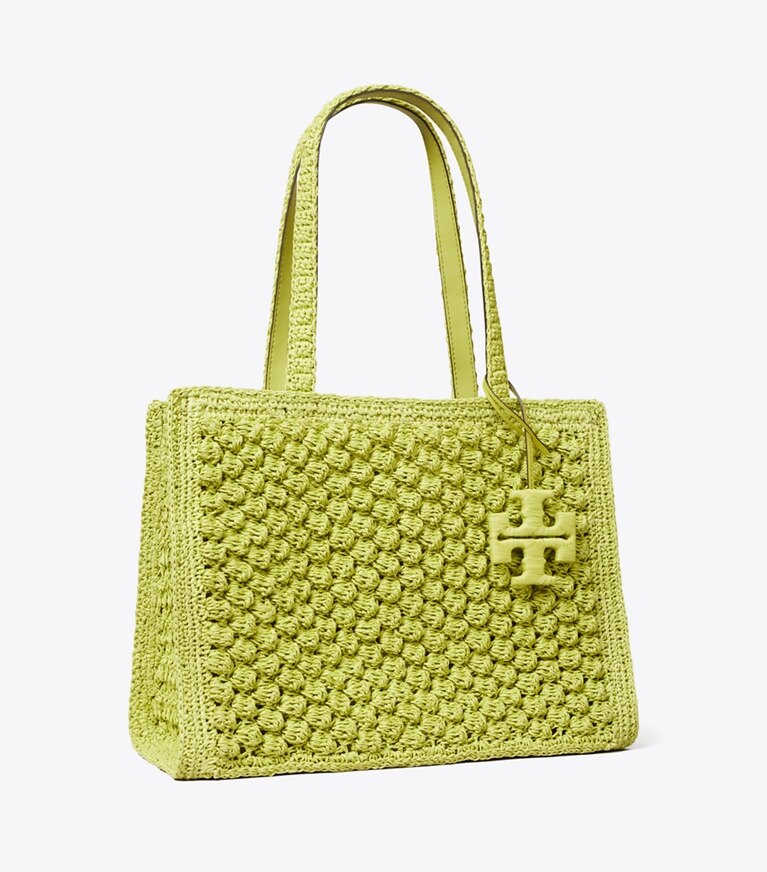 Tory Burch designer cabas Petit fourre-tout Ella en crochet popcorn fait main dans Citrus Green angle