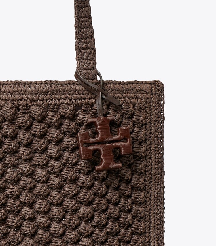 Tory Burch designer cabas Petit fourre-tout Ella en crochet popcorn fait main dans Dark Cocoa détails