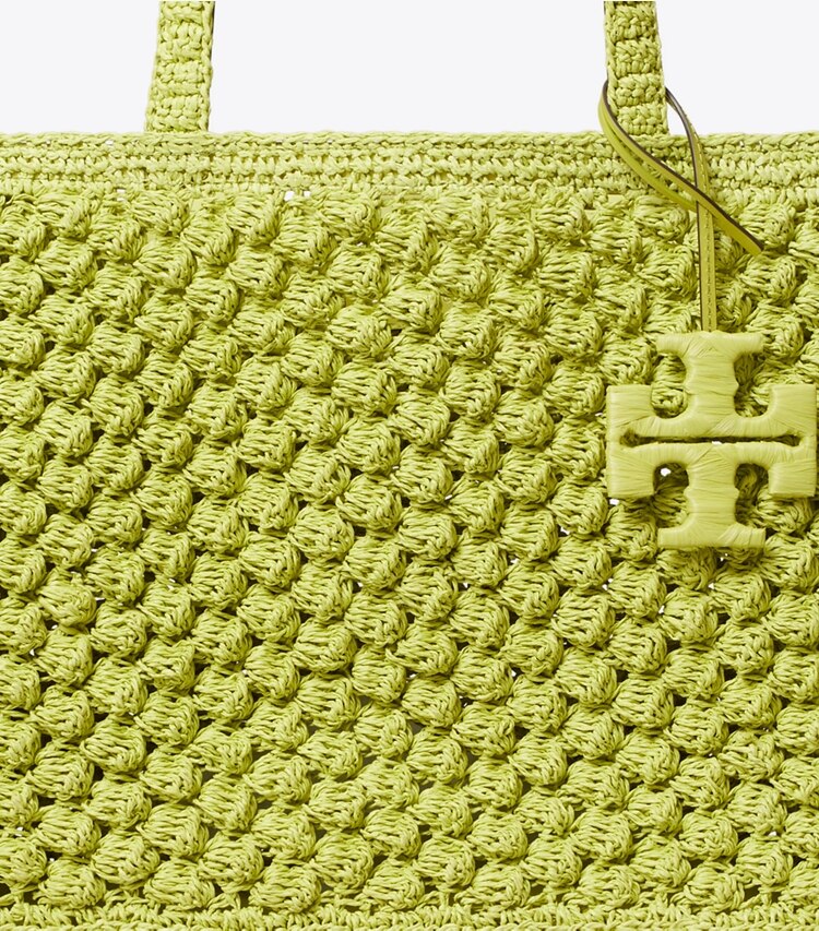 Tory Burch designer cabas Petit fourre-tout Ella en crochet popcorn fait main dans Citrus Green détails
