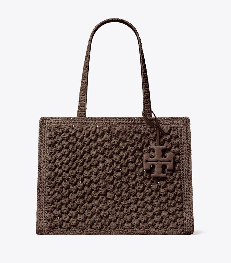 Tory Burch designer cabas Petit fourre-tout Ella en crochet popcorn fait main dans Dark Cocoa de face