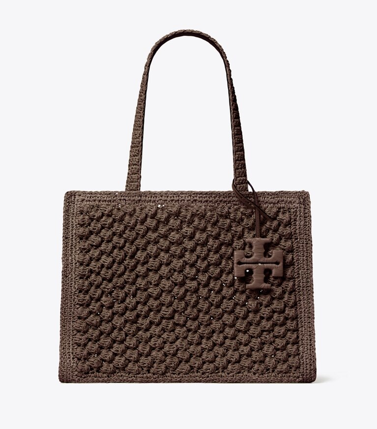Tory Burch designer cabas Petit fourre-tout Ella en crochet popcorn fait main dans Dark Cocoa de face