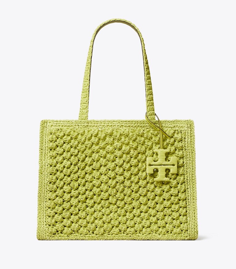 Tory Burch designer cabas Petit fourre-tout Ella en crochet popcorn fait main dans Citrus Green de face