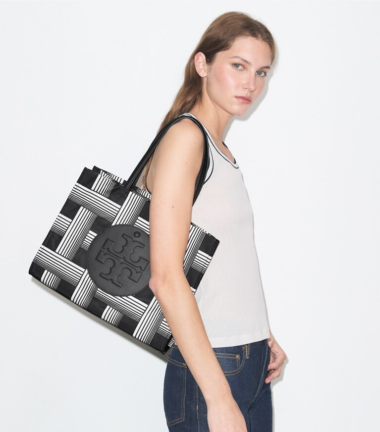 Tory Burch designer cabas Petit fourre-tout Ella imprimé dans Brown Gradual Stripe Small accessoire sur le modèle