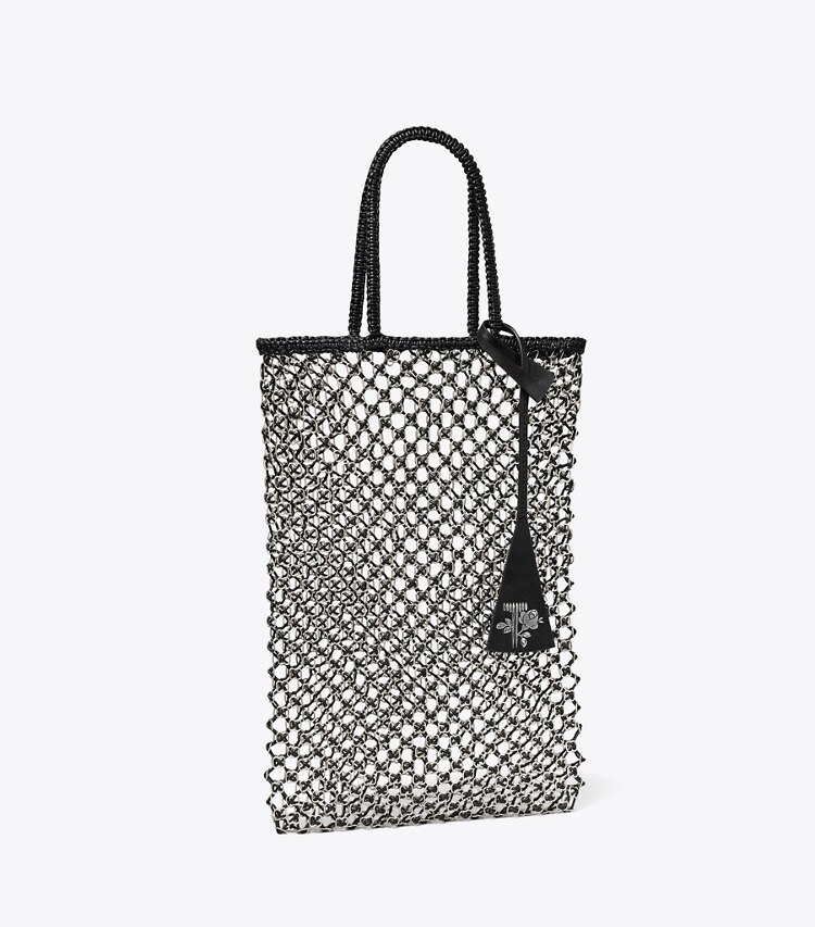 Tory Burch designer cabas Petit fourre-tout en maille chaînée tissé à la main dans Black / Silver angle