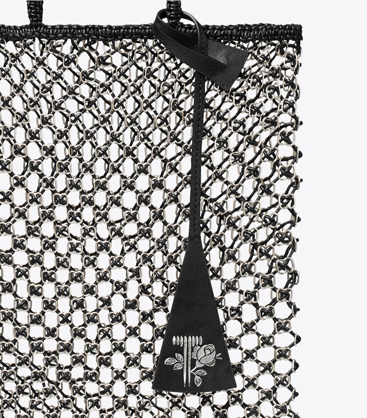 Tory Burch designer cabas Petit fourre-tout en maille chaînée tissé à la main dans Black / Silver détails