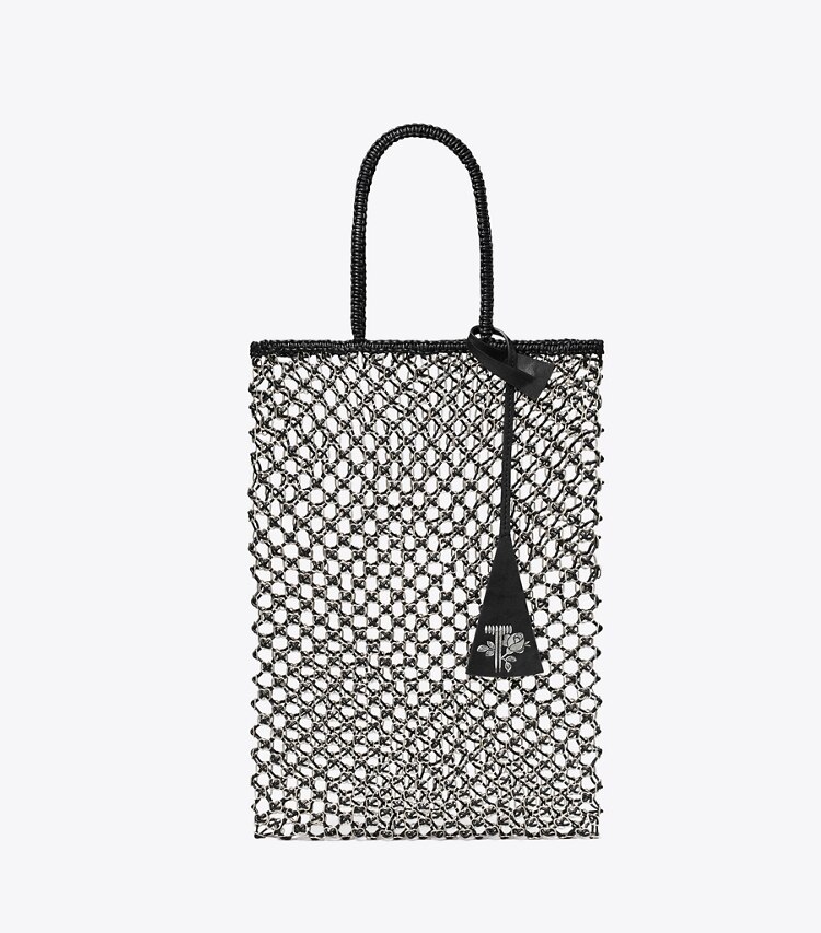 Tory Burch designer cabas Petit fourre-tout en maille chaînée tissé à la main dans Black / Silver de face