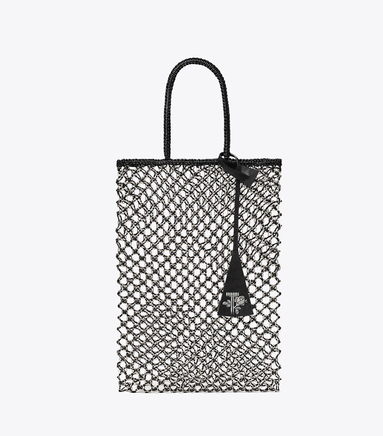 Tory Burch designer cabas Petit fourre-tout en maille chaînée tissé à la main dans Black / Silver de face