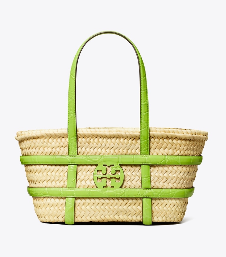 Tory Burch designer cabas Petit panier en paille effet croco Ella dans Bright Fern de face