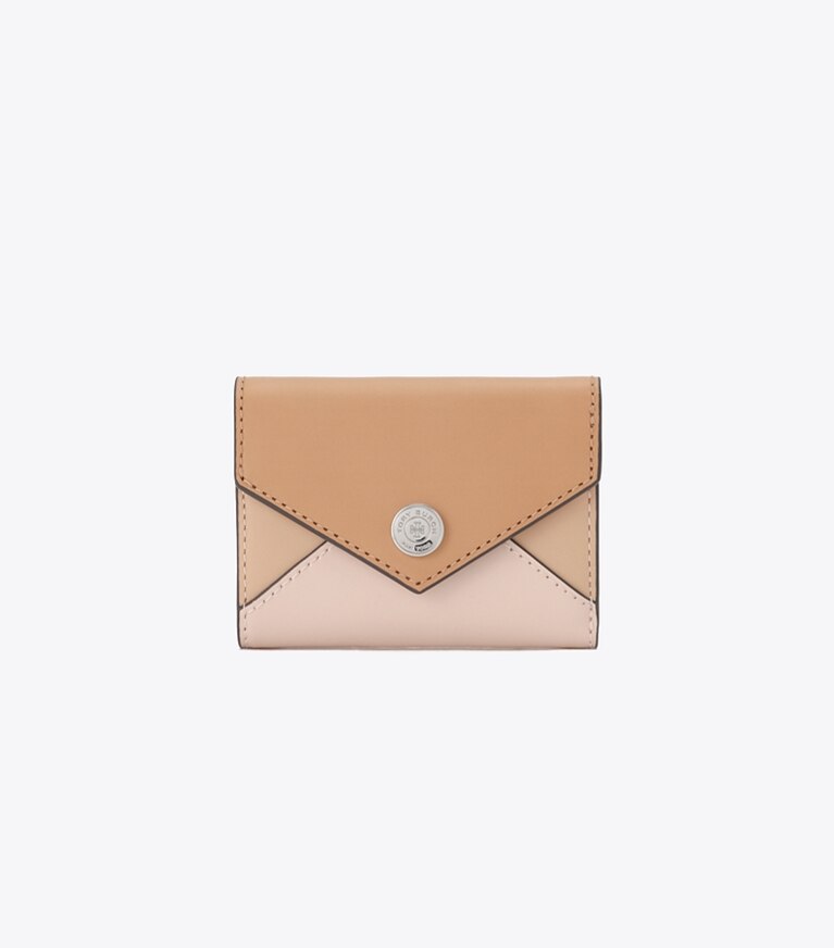 Tory Burch designer portefeuilles Petit portefeuille enveloppe en cuir dans Soft Pink Multi de face