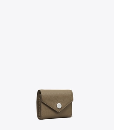 Tory Burch designer portefeuilles Petit portefeuille enveloppe en cuir grainé in Wild Mushroom angle